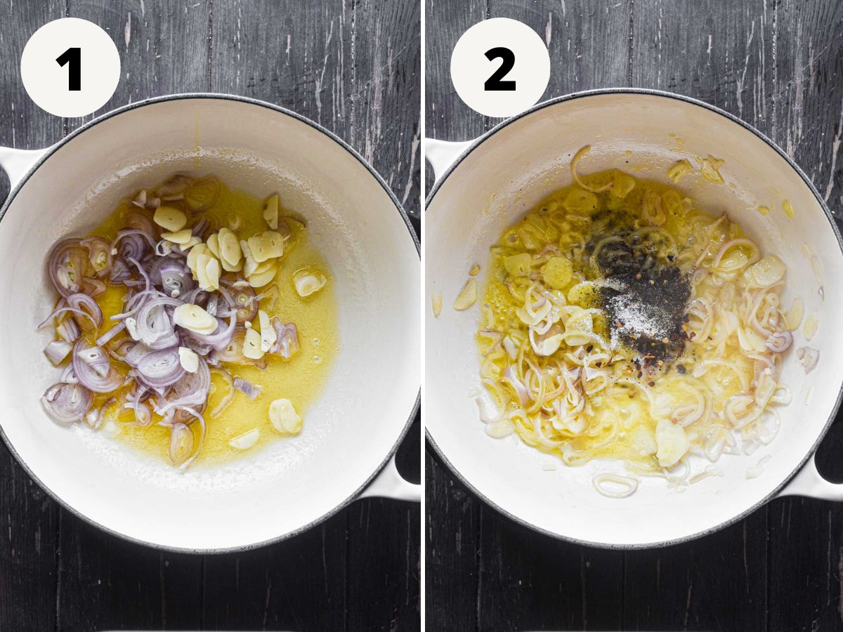 Side by side images of sautéing shallots and garlic.