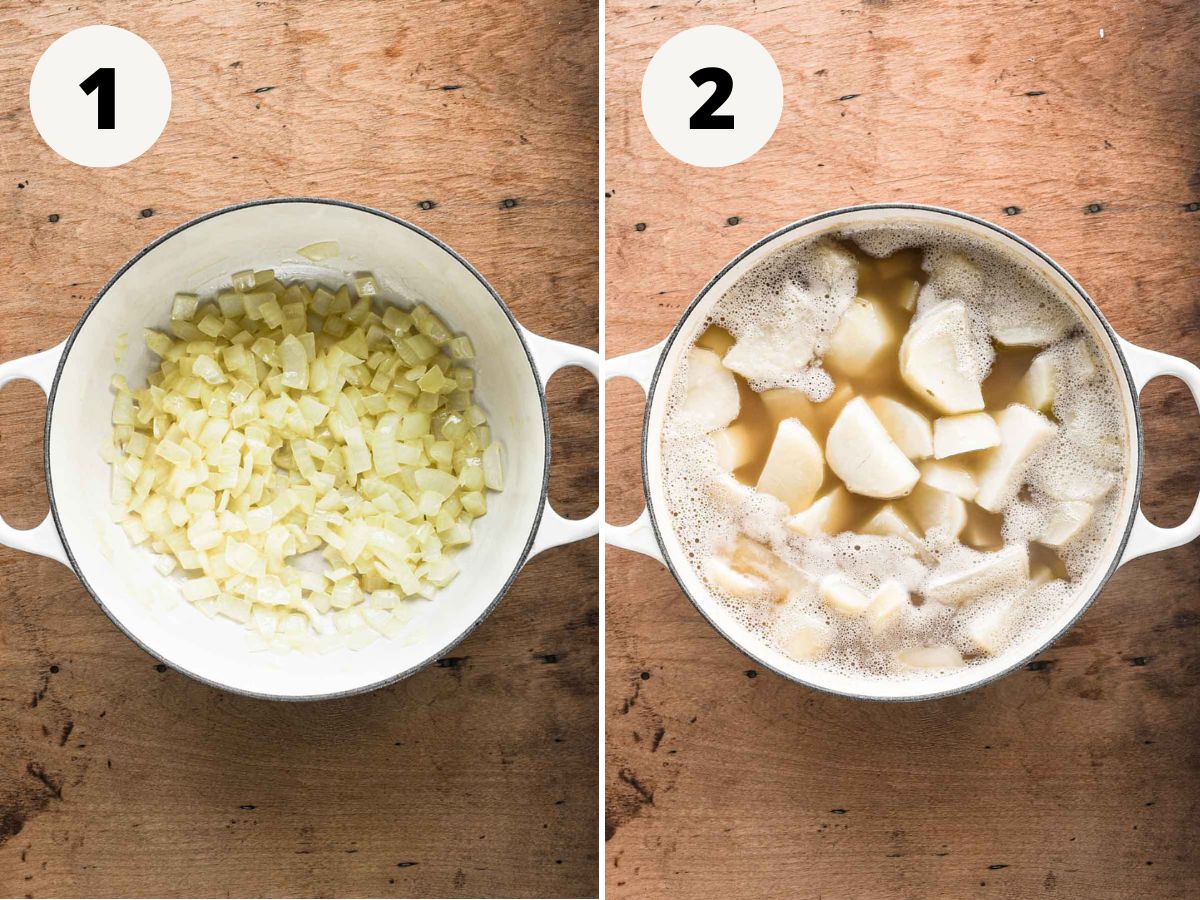 Side by side of sautéing onions and boiling potatoes.