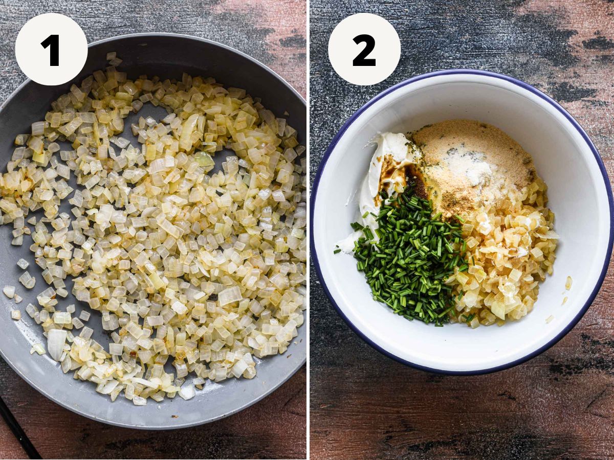 Side by side pictures of sautéd onions and the dip ingredients in a bowl.