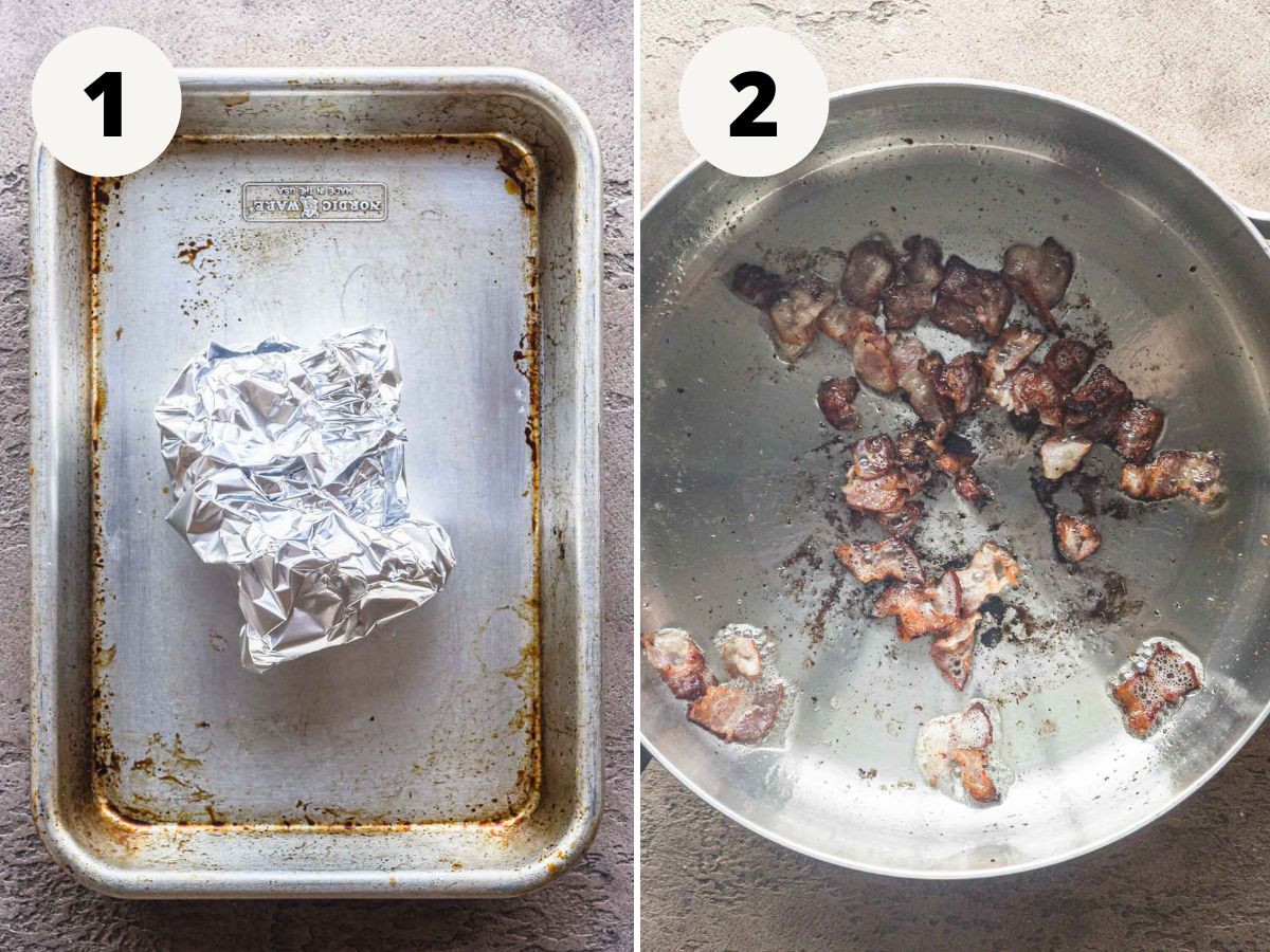 side by side roasting garlic and cooking bacon.