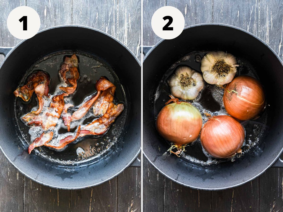 side by side images of cooking bacon and caramelizing onions and garlic.