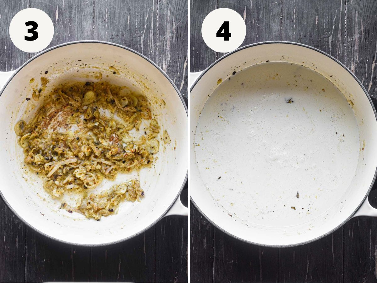 Side by side images of adding flour and then adding cream.