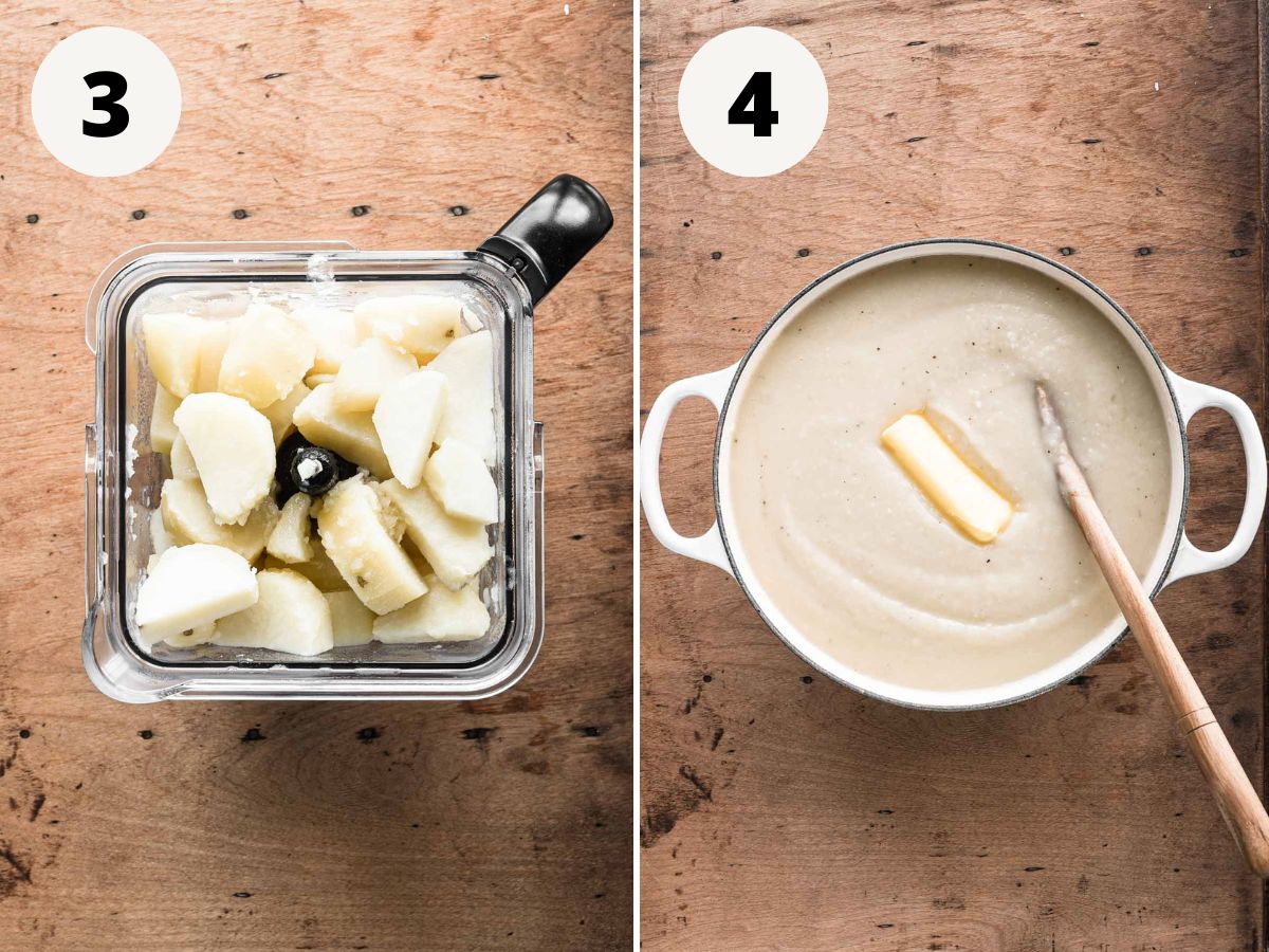 Side by side of blending potatoes and adding the butter.