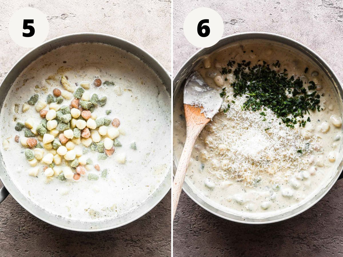 side by side adding gnocchi and finishing with parmesan and parlsey.
