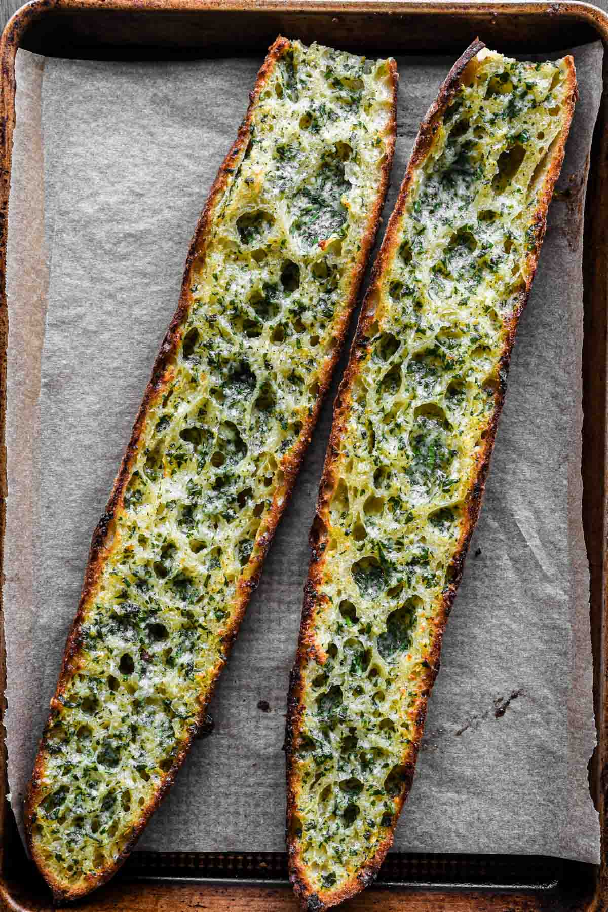 Up close image of finished garlic bread.