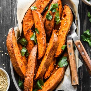 Close up image of the roasted spicy miso sweet potatoes