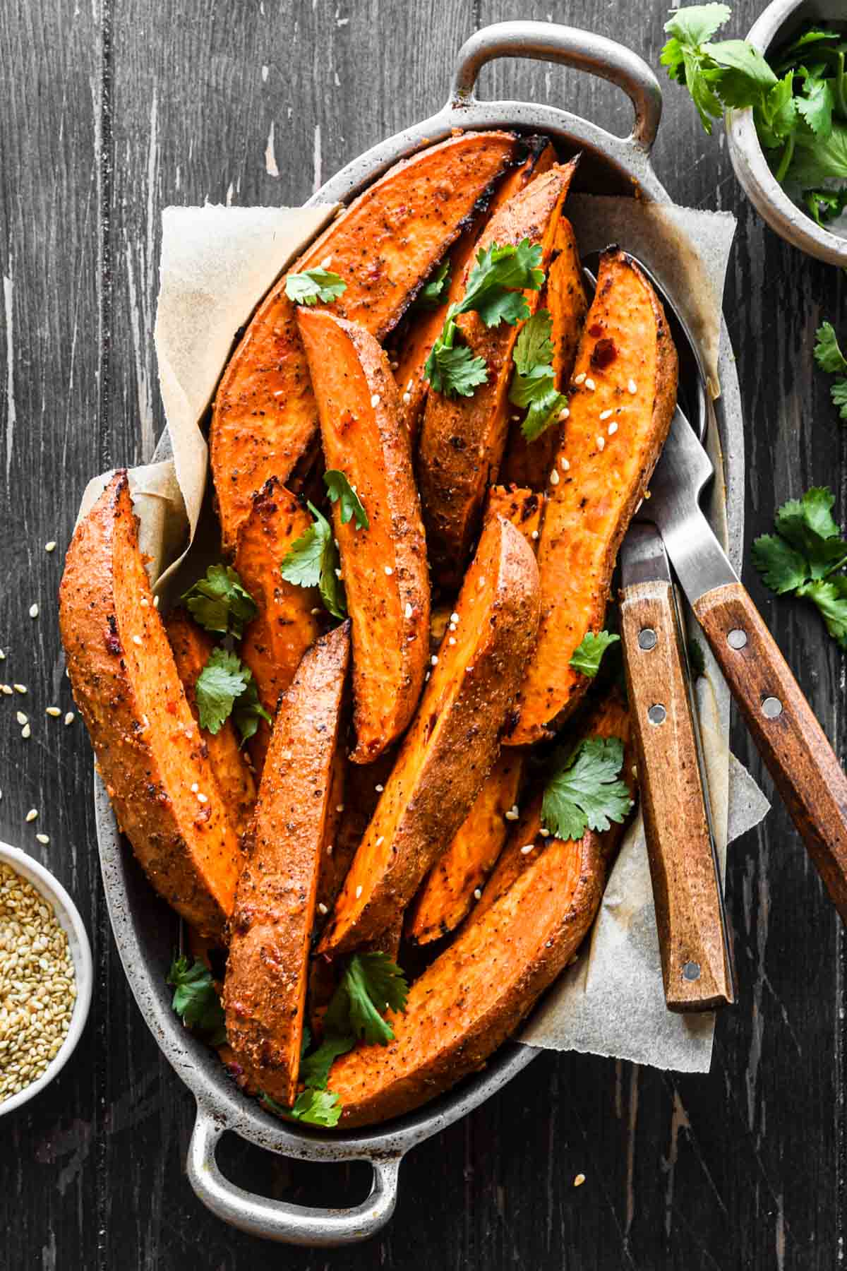 Close up image of the roasted spicy miso sweet potatoes