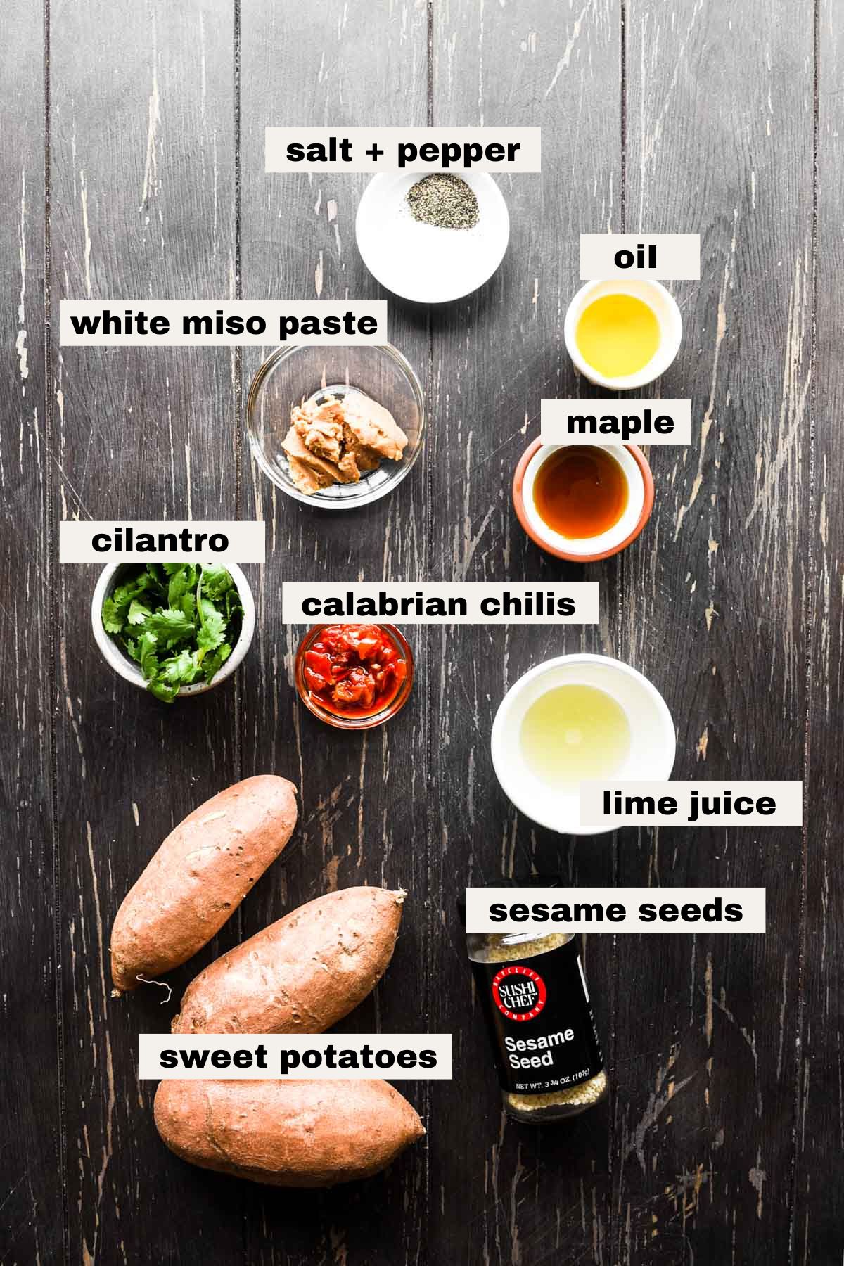 Spicy miso sweet potato ingredients.