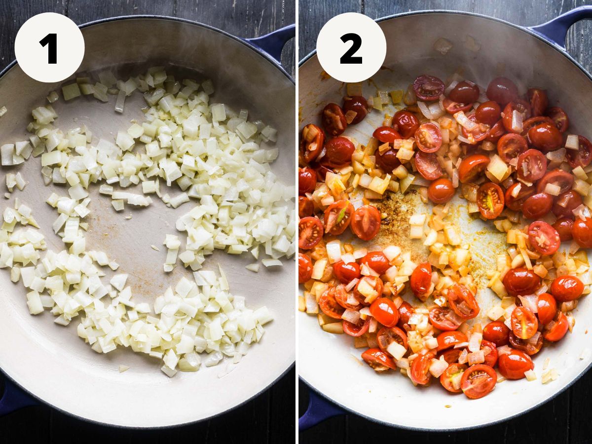 Side by side images of cooking onions and tomatoes.