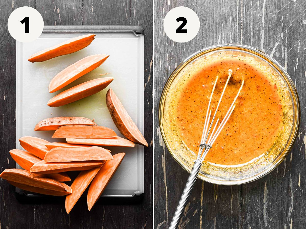 Side by side images of cutting the potatoes and making the miso sauce.