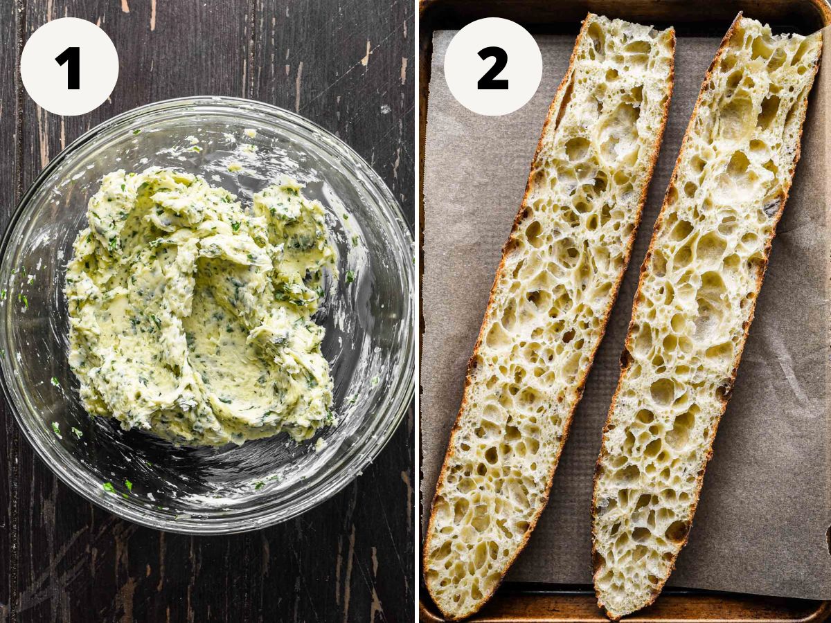 Side by side images of making the compound butter and prepping bread.