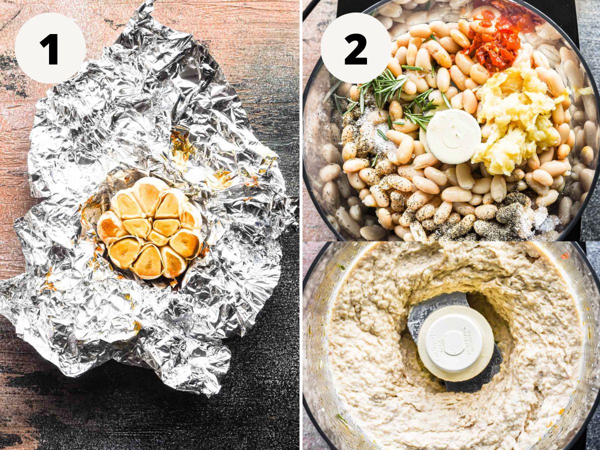 Side by side image of steps to make cannellini bean dip.