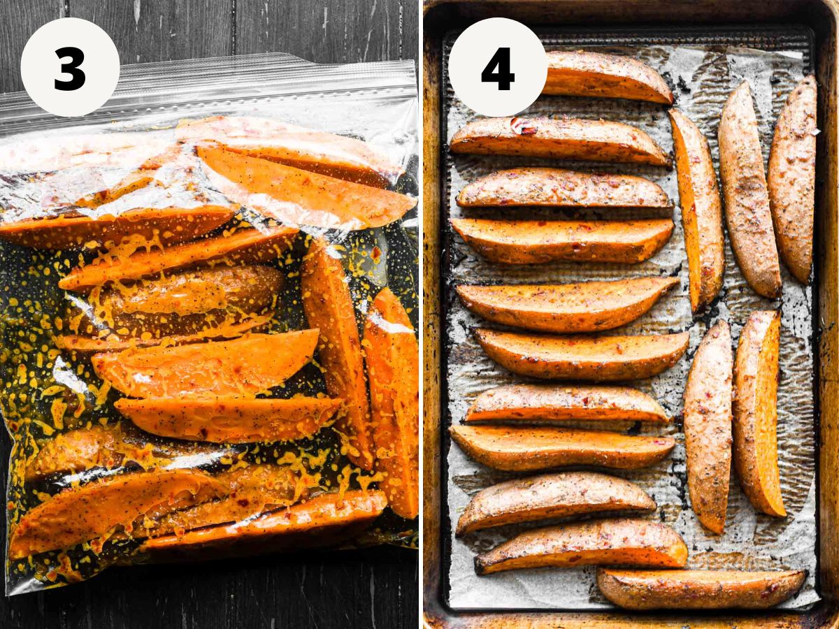 Side by side images of coating the potatoes in miso marinade and roasting them.