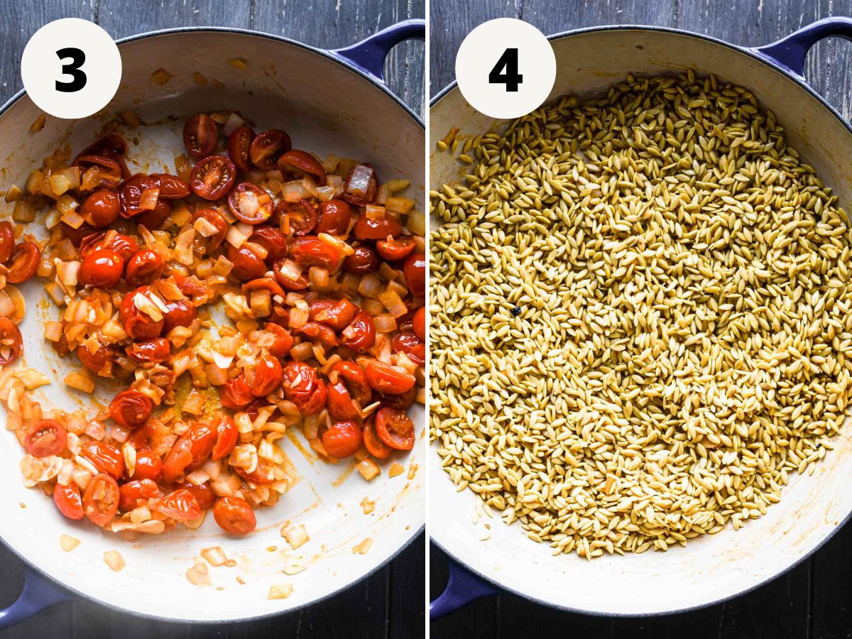 side by side image of cooking the onion and toasting the orzo.