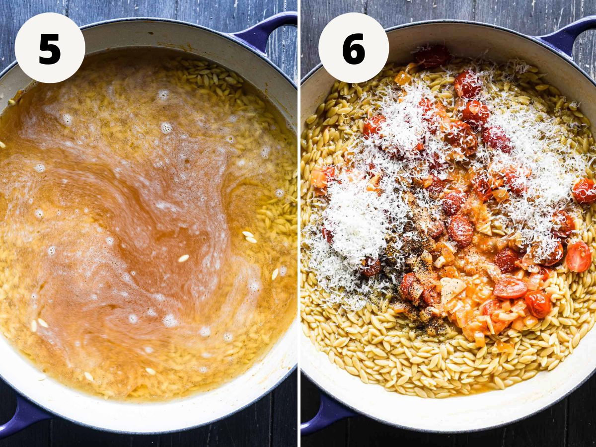 side by side image of orzo with liquid and then finishing the dish with tomatoes and parmesan.