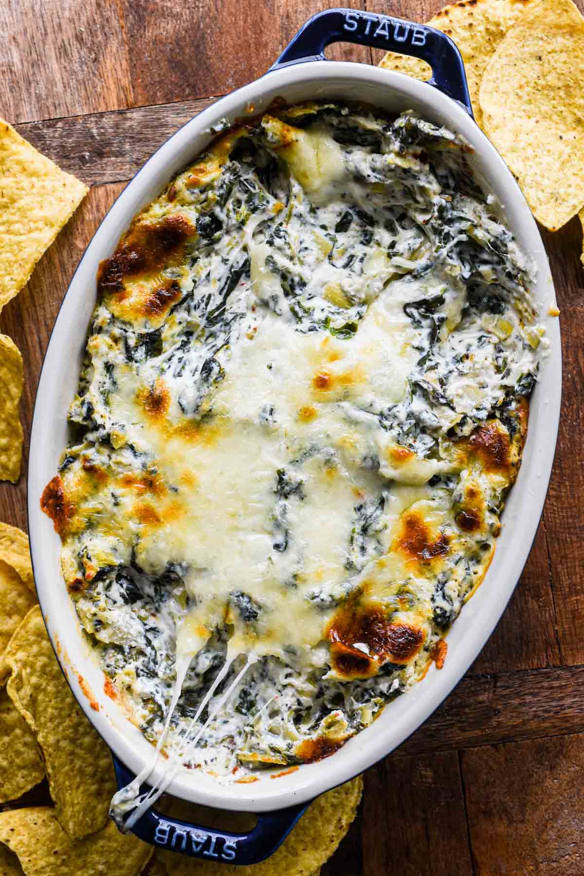 Up close image of finished spinach artichoke dip.