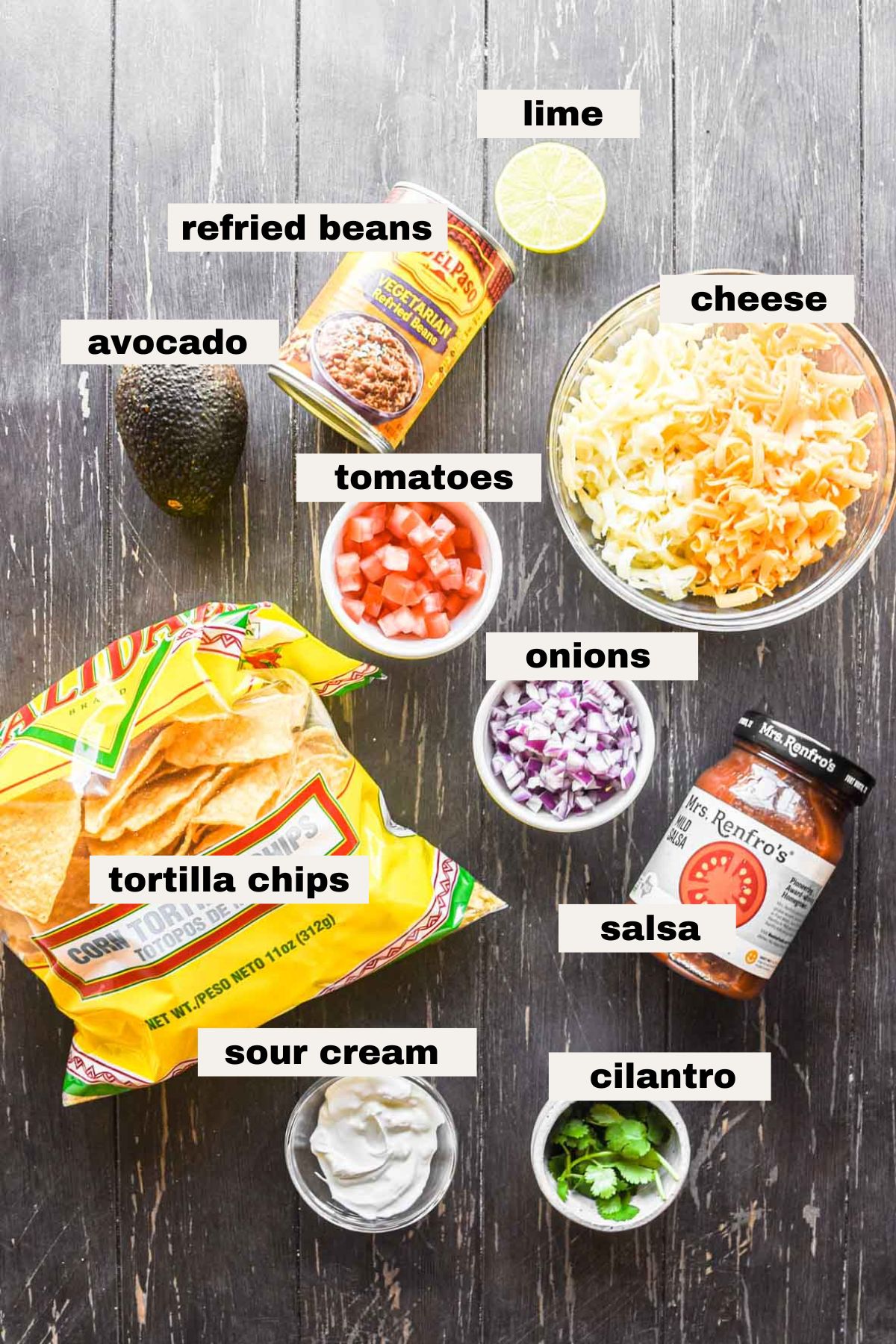 Ingredients needed for refried bean nachos.