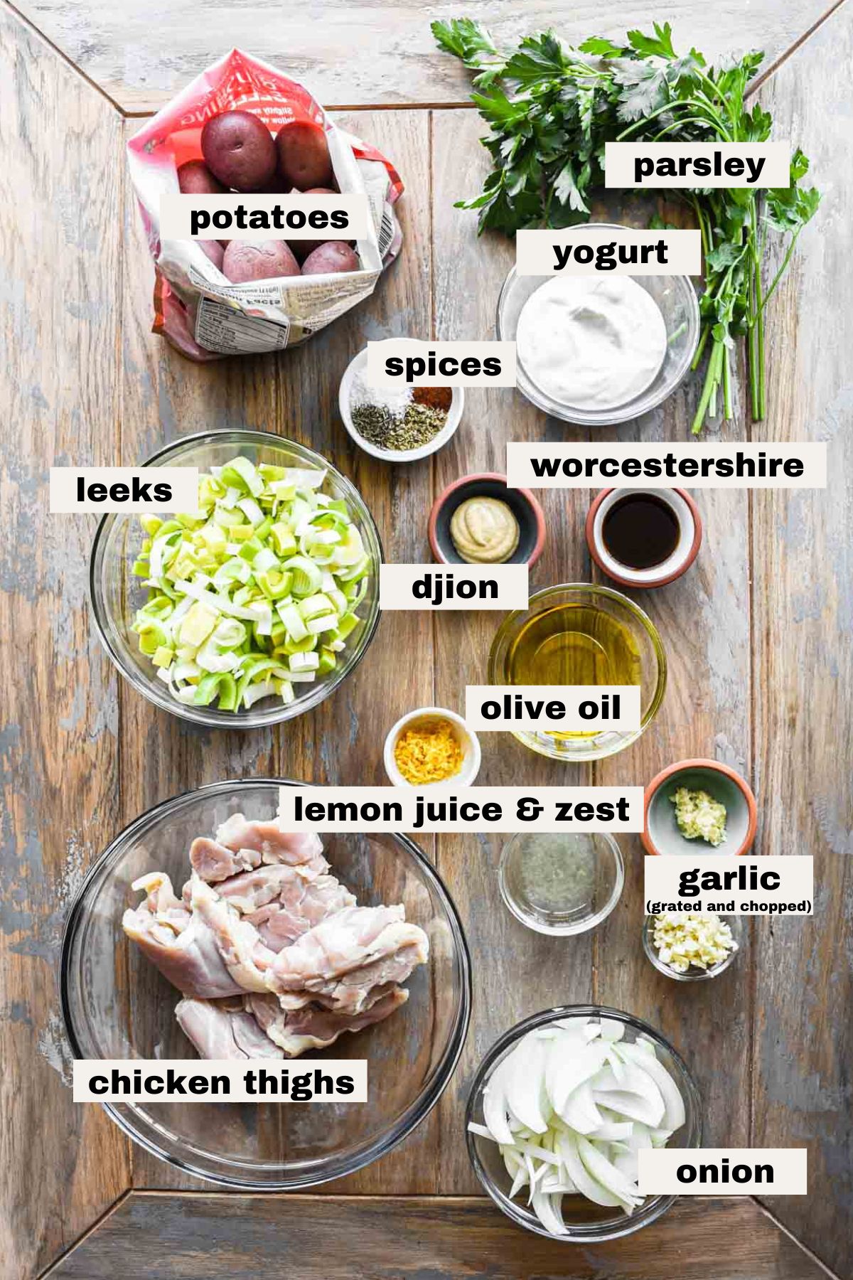 Ingredients for sheet pan baked chicken and leeks.