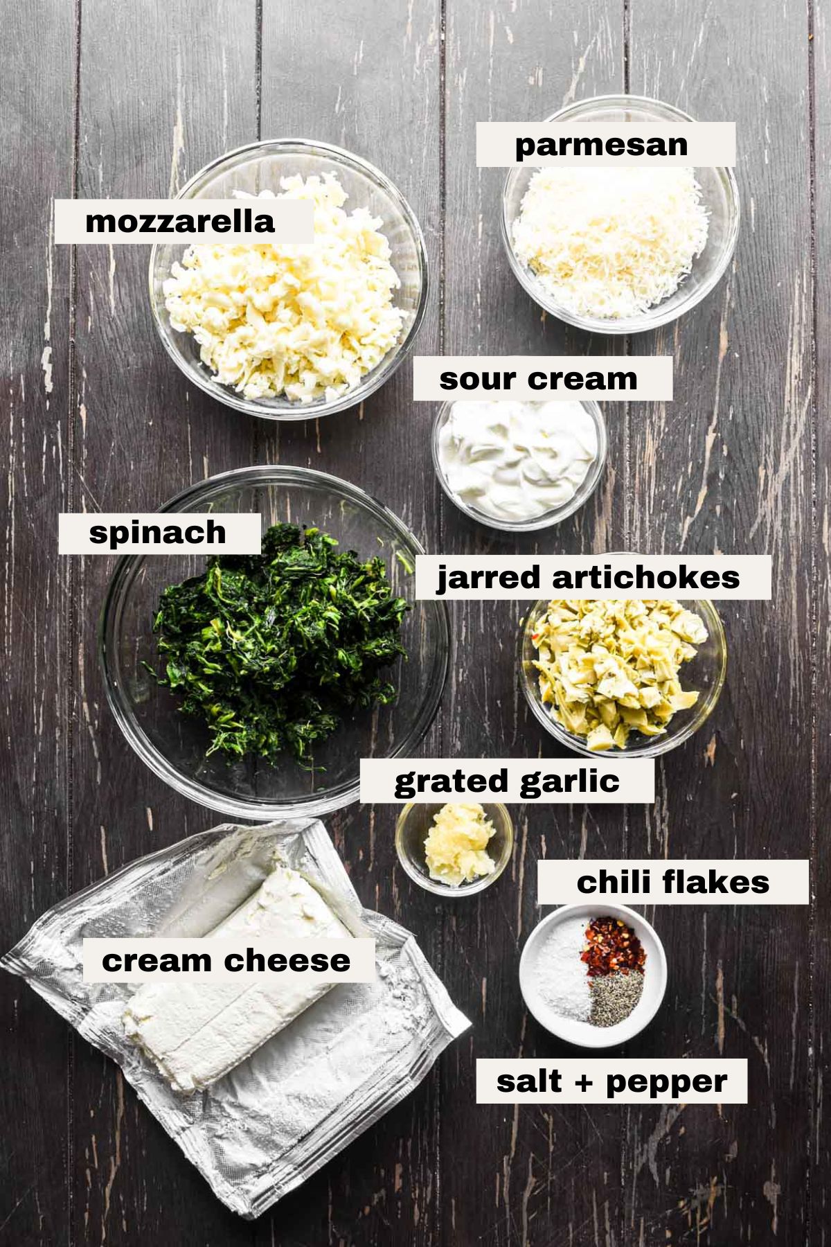 Ingredients needed to make spinach artichoke dip with no mayo.