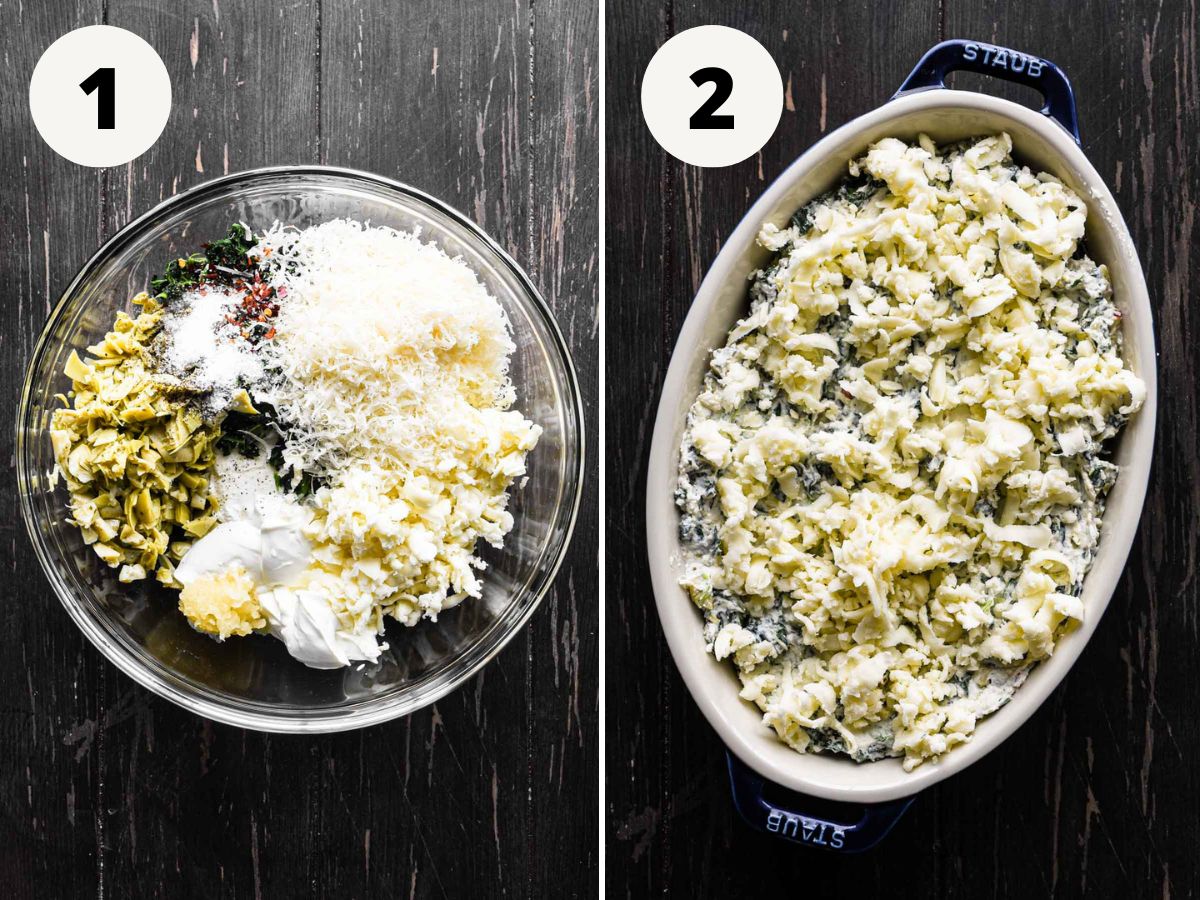 side by side images of combining the ingredients and putting it in a baking dish.