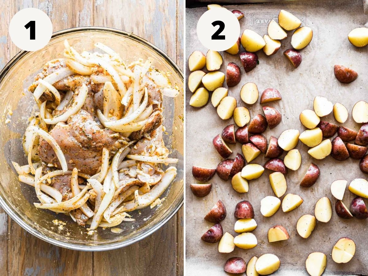 Marinating the chicken and onions, and baking the potatoes.