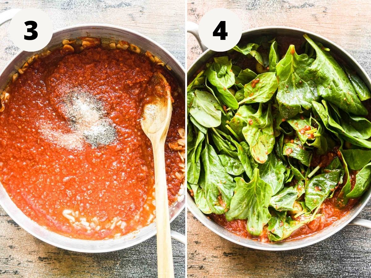 Side by side images of making the sauce and adding the gnocchi and spinach.