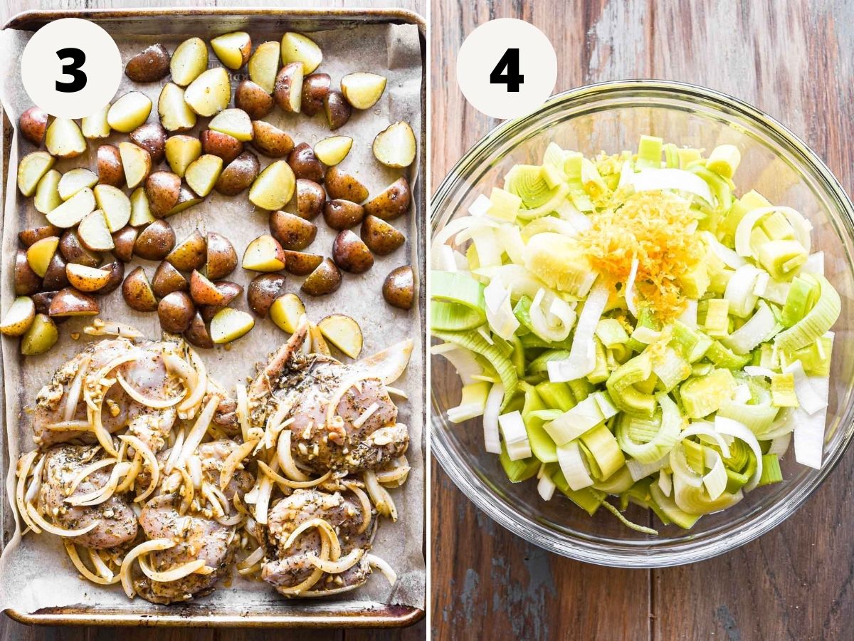 Adding the chicken and onions to the sheet pan, and mixing leeks with lemon.