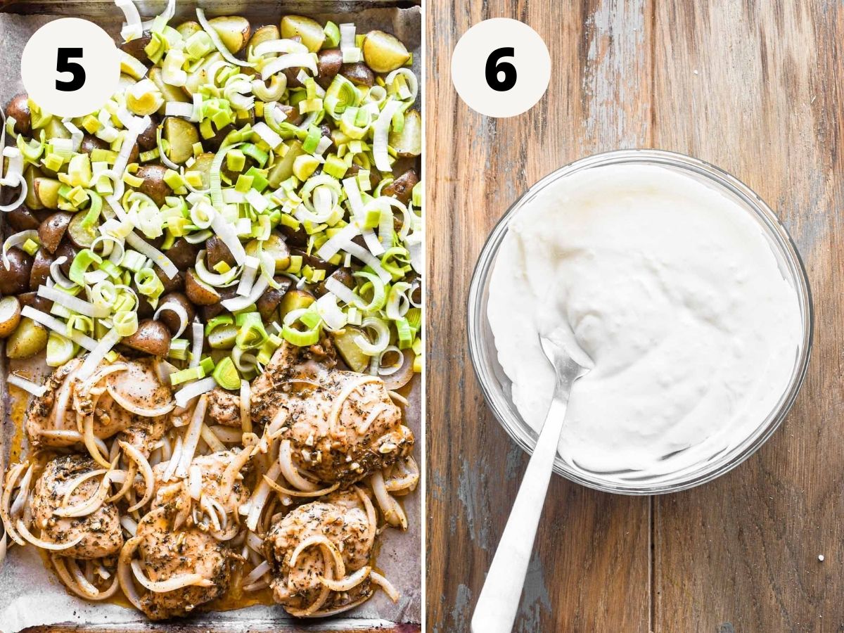Adding lemony leeks to the sheet pan, and making the yogurt sauce.