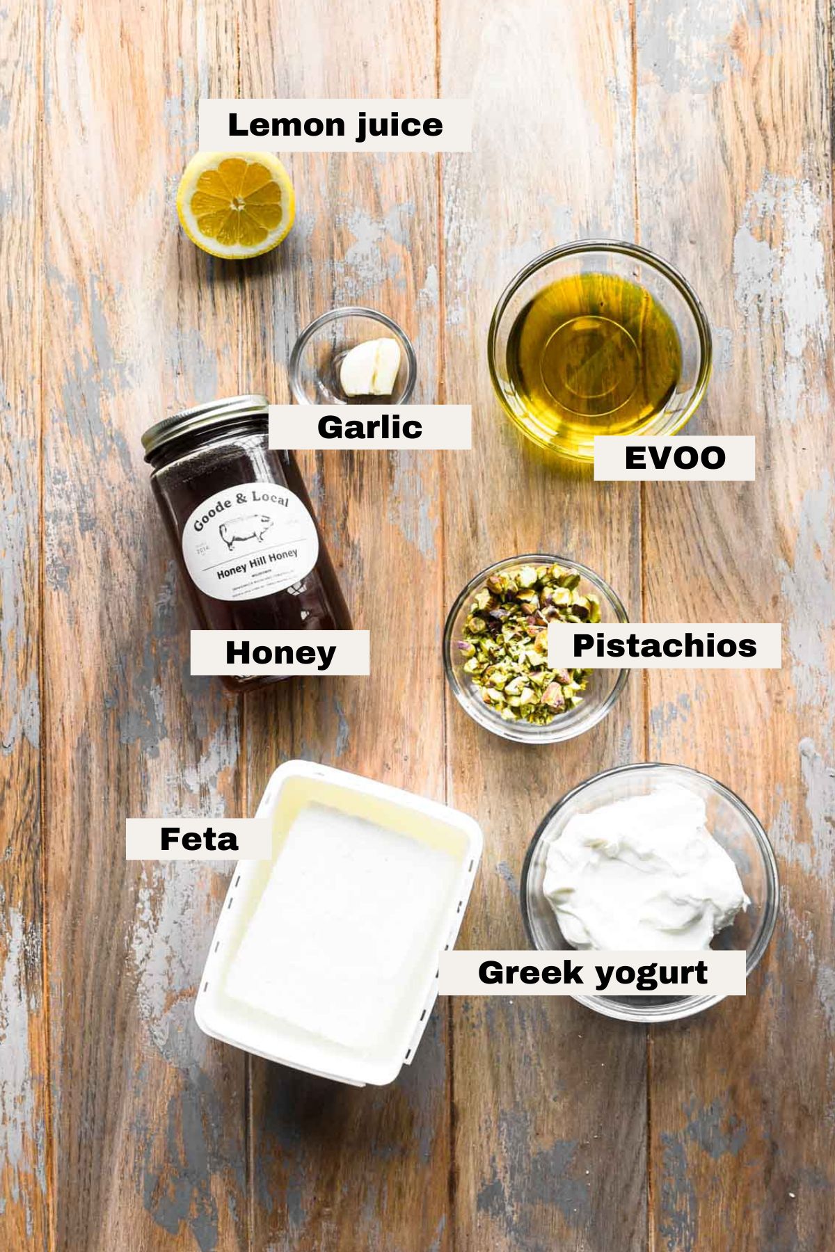 Ingredients needed for honey whipped feta dip.