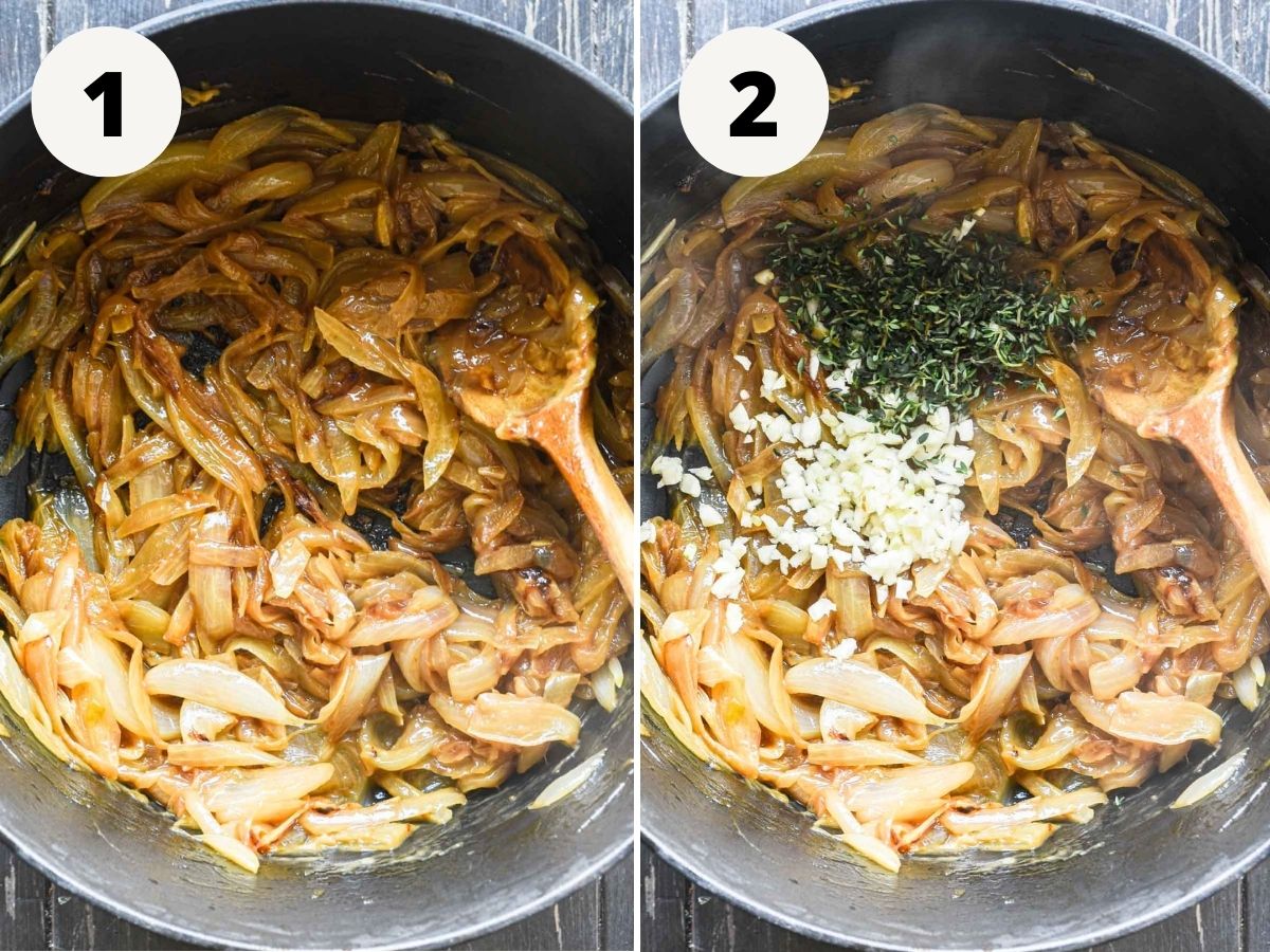 Caramelizing the onions and adding garlic and thyme.