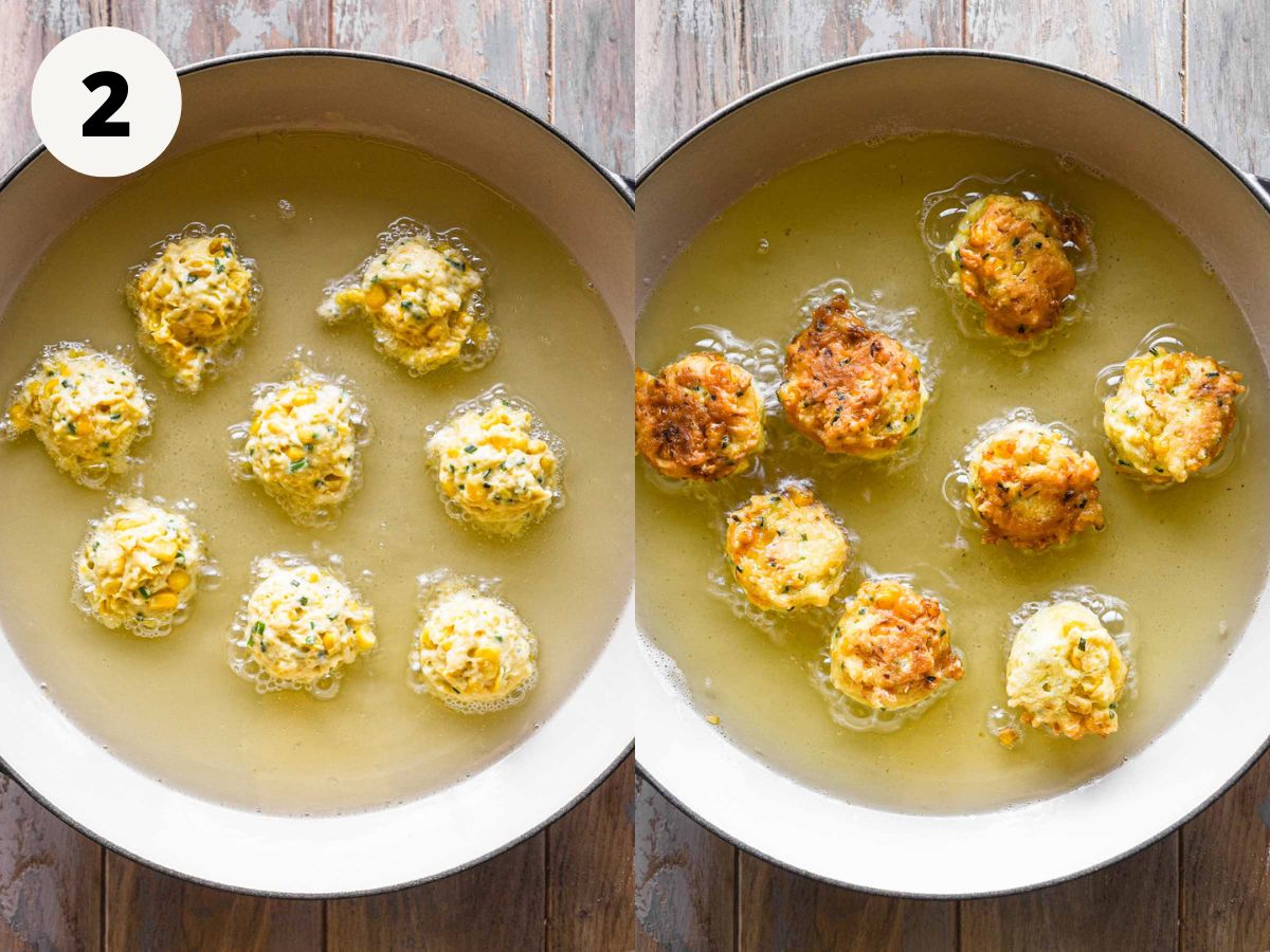 Images of fritters being fried.