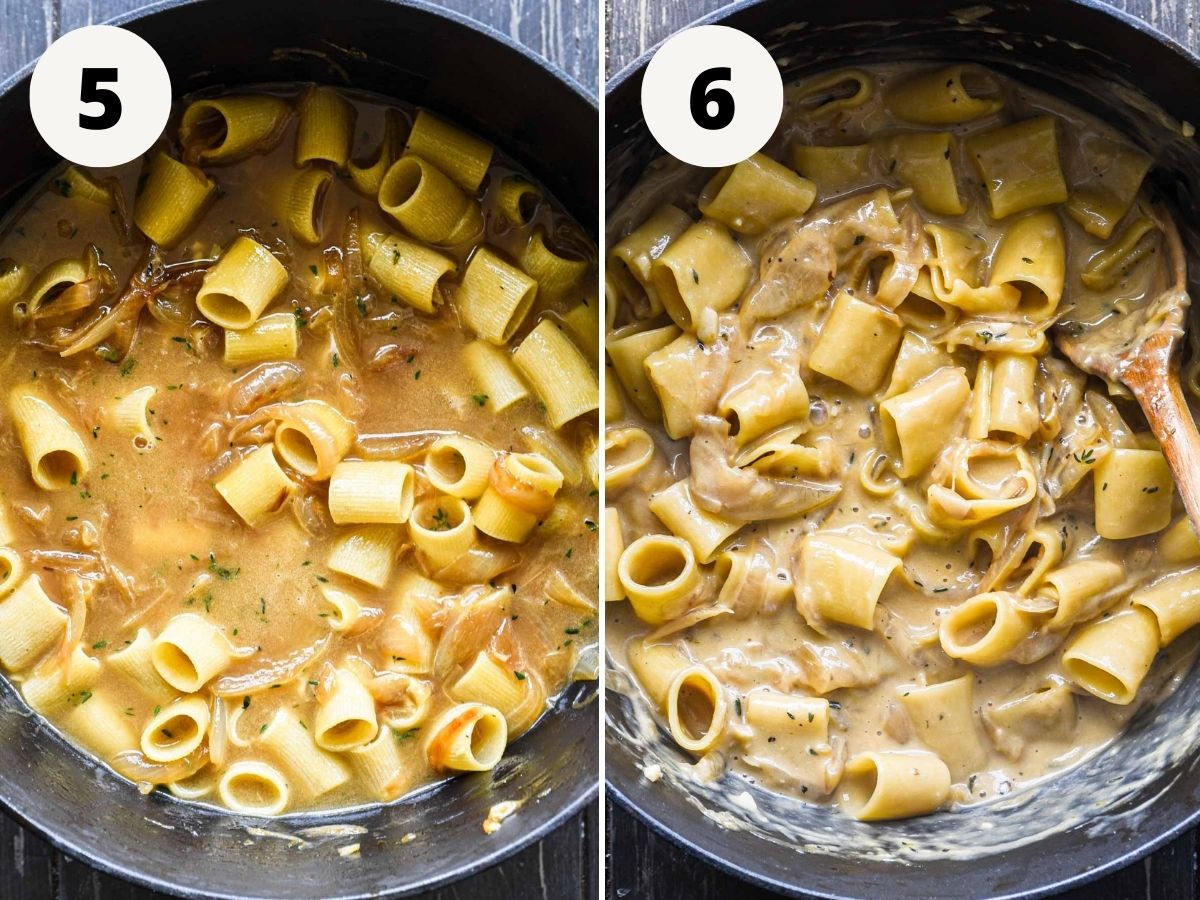 Adding dry pasta and cooking, then finishing with gruyere and cream.