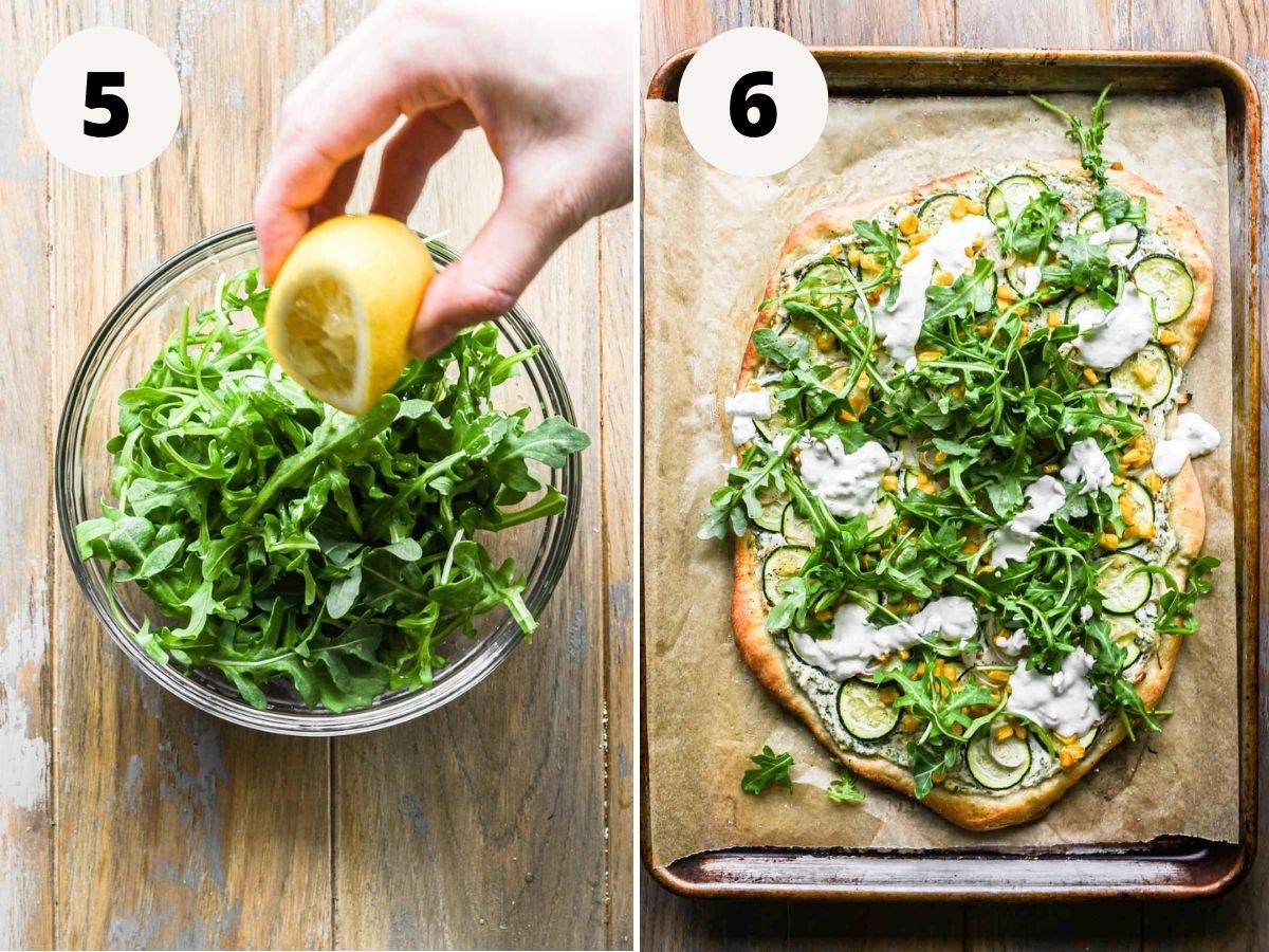 Finishing the pizza with lemony arugula and stracciatella cheese.