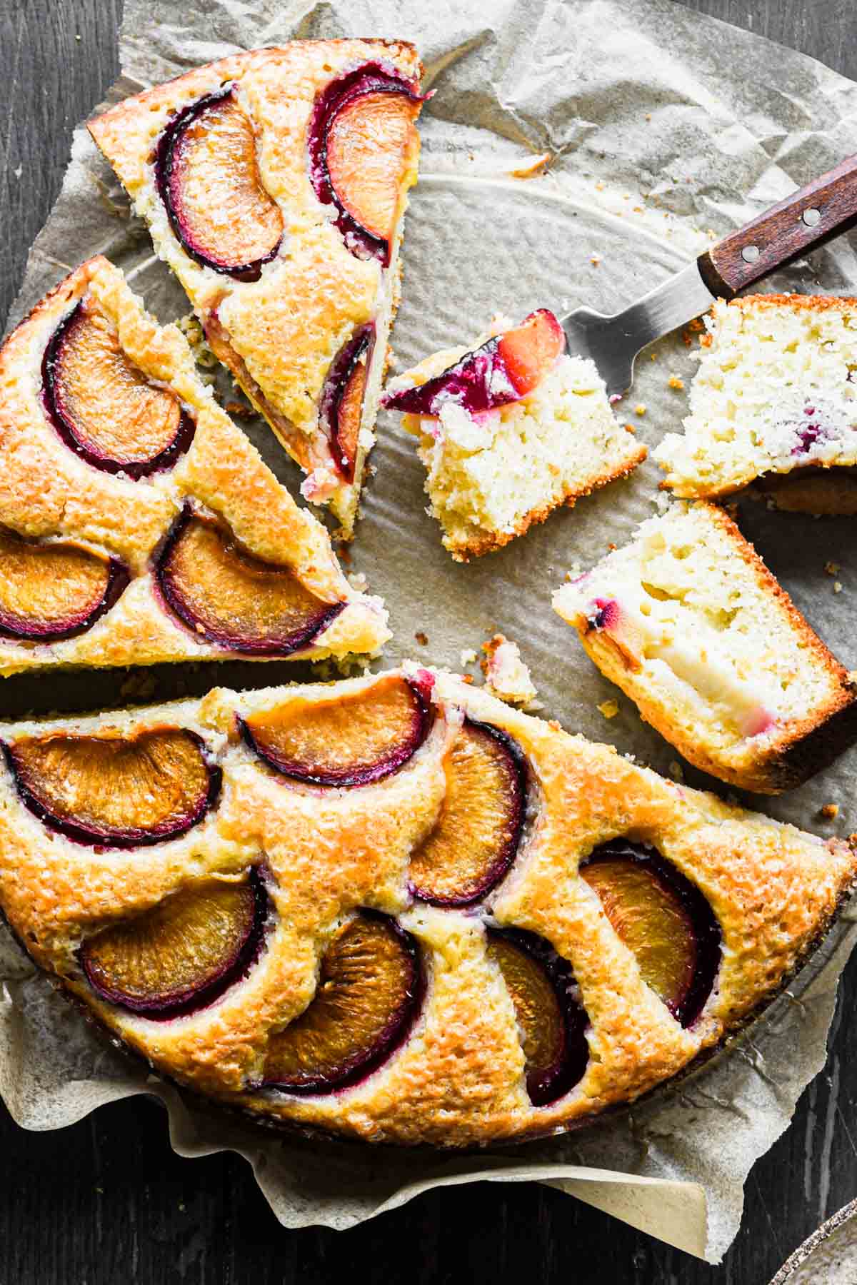 Cake with fork and slices.