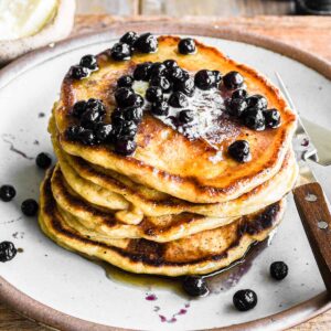 Stack of banana buttermilk pancakes.