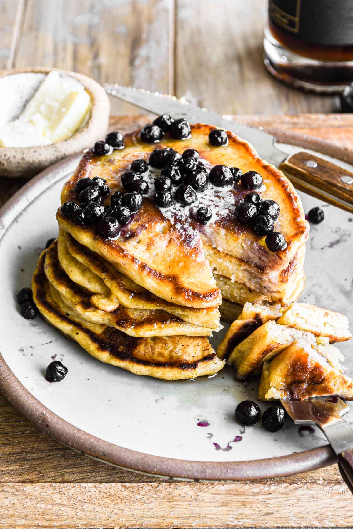 Banana Buttermilk stack with bite cut out.