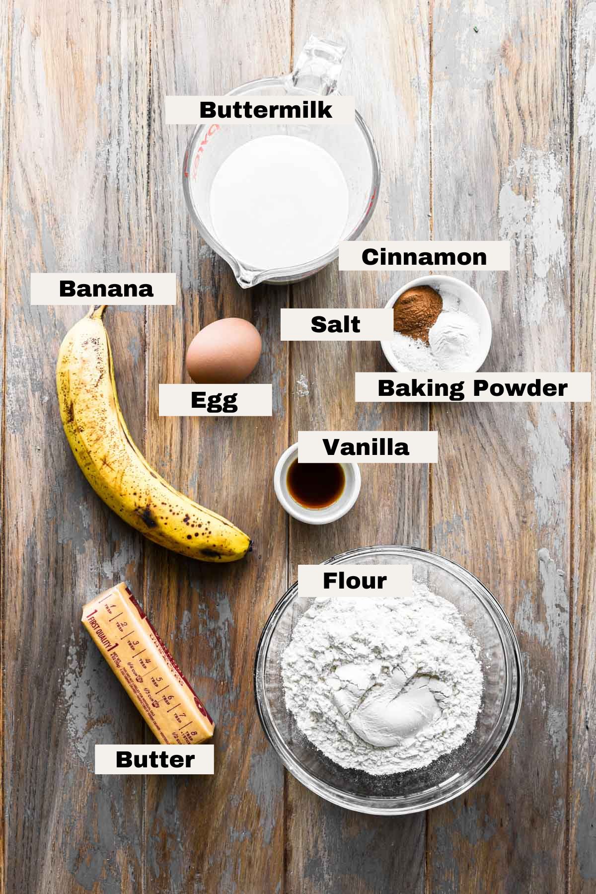Ingredients for buttermilk banana pancakes.