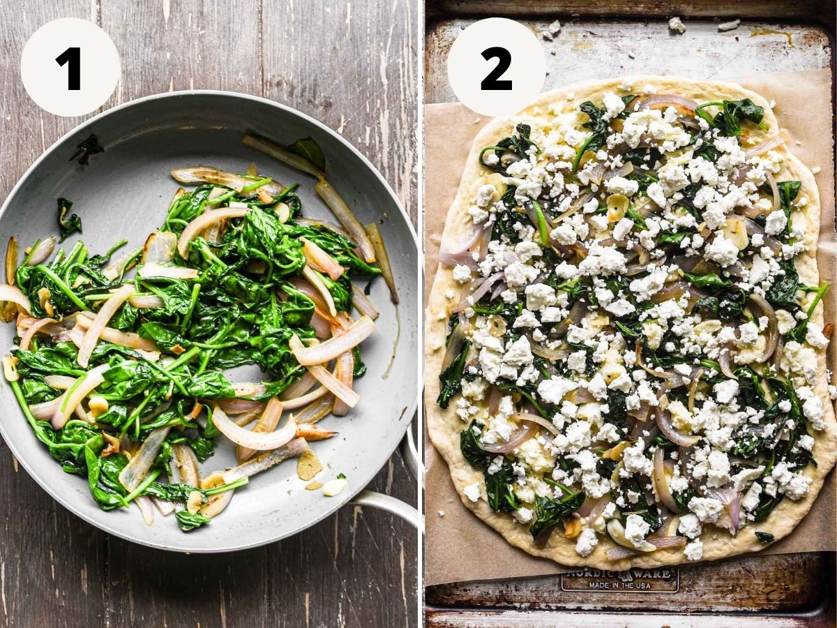 Side by side of sautéd onions and spinach, and prepping the pizza.