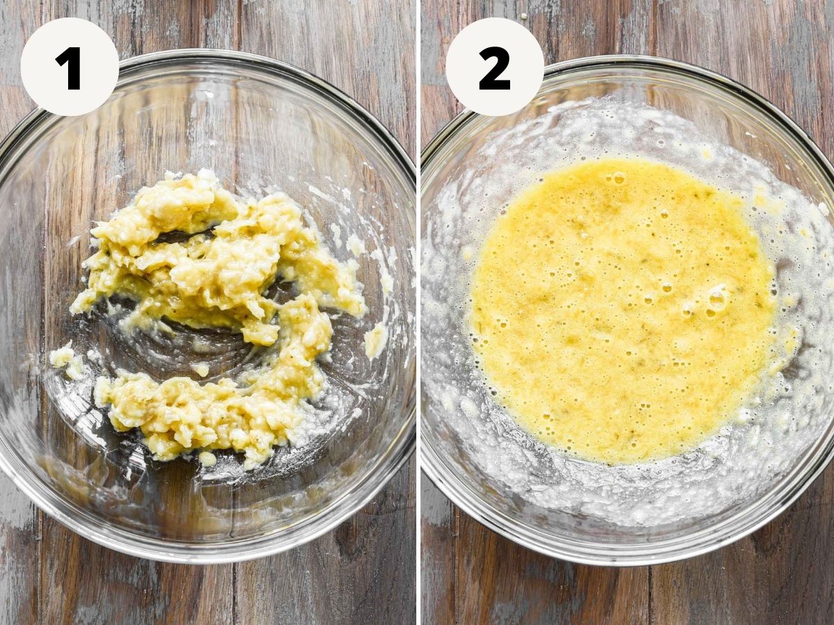 Mashing bananas and mixing with eggs.