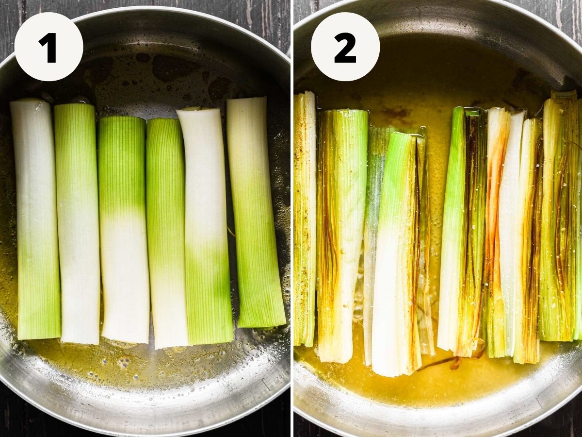 Side by side of cooking the leeks.