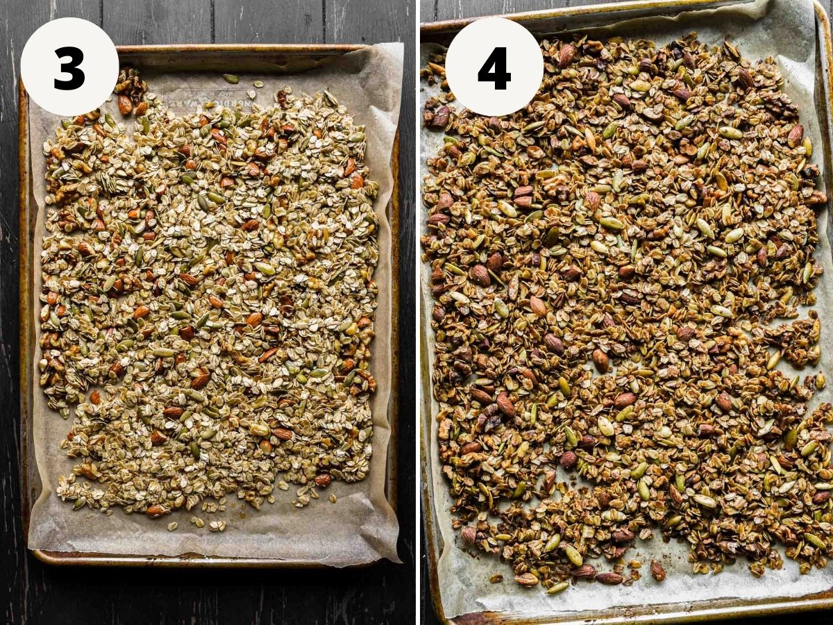 Before and after of baking granola.