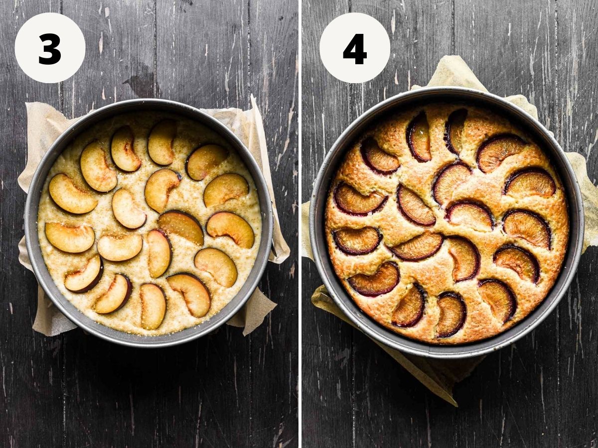 Before and after of baking the cake.