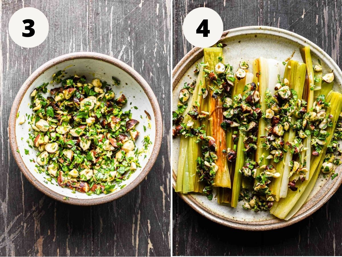 Side by side of gremolata mixed together and final dish.