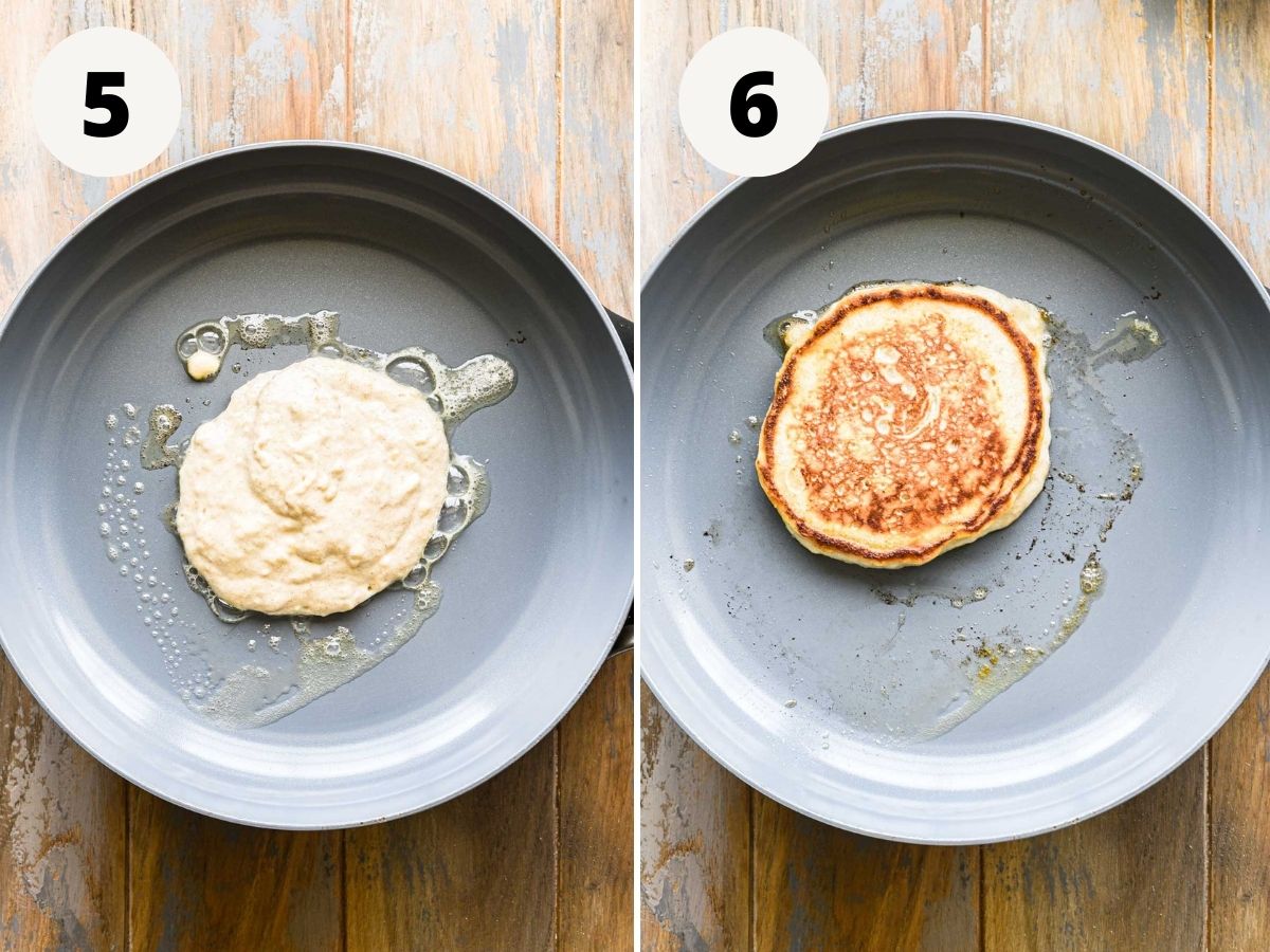 Cooking and flipping the pancakes.
