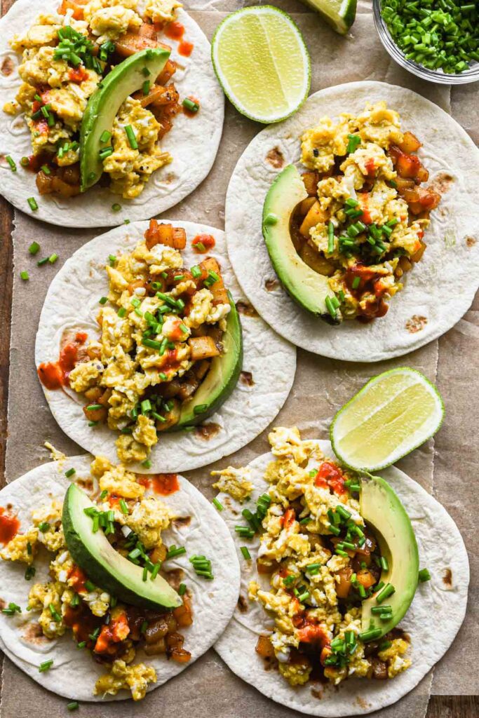 Assembled scrambled egg tacos.