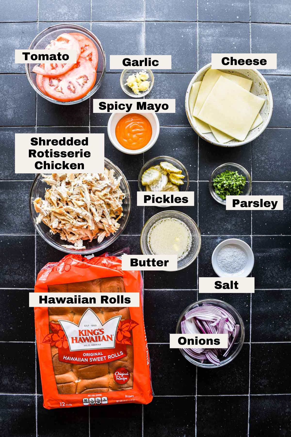 Ingredients needed for rotisserie chicken sliders.