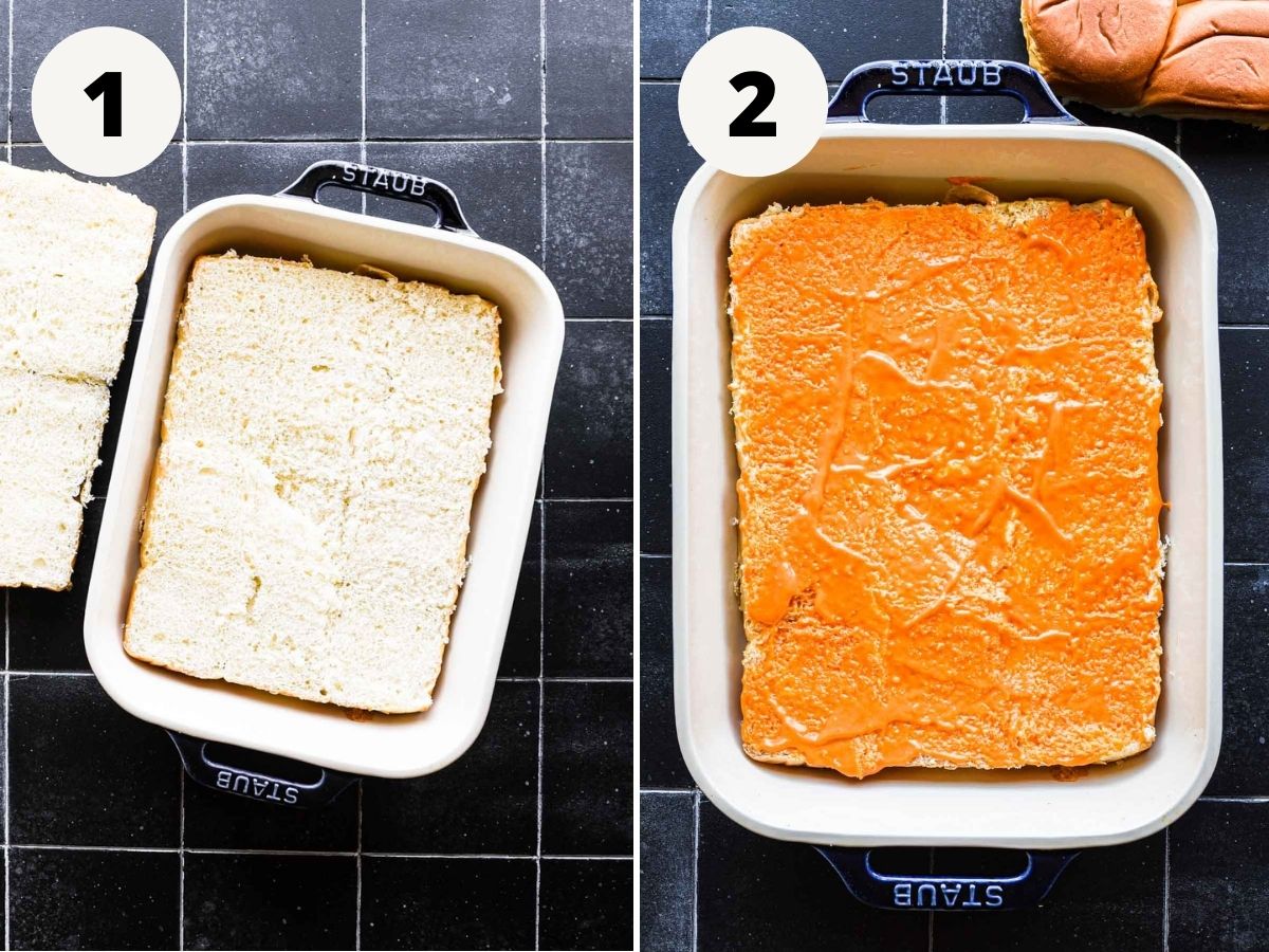 Slicing the bread and adding the spicy mayo.