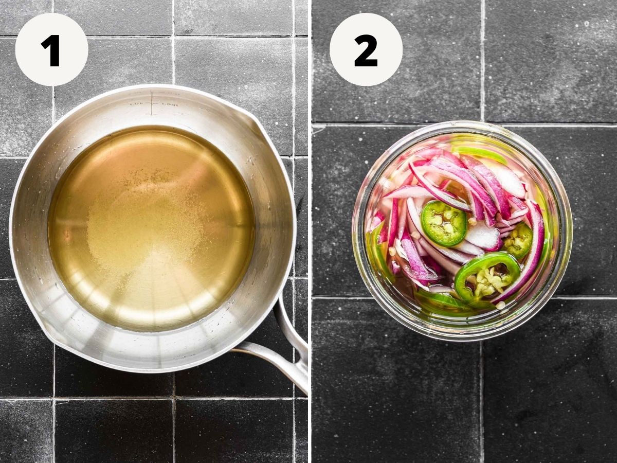 Making the pickling brine and combining it with the onions and jalapenos.
