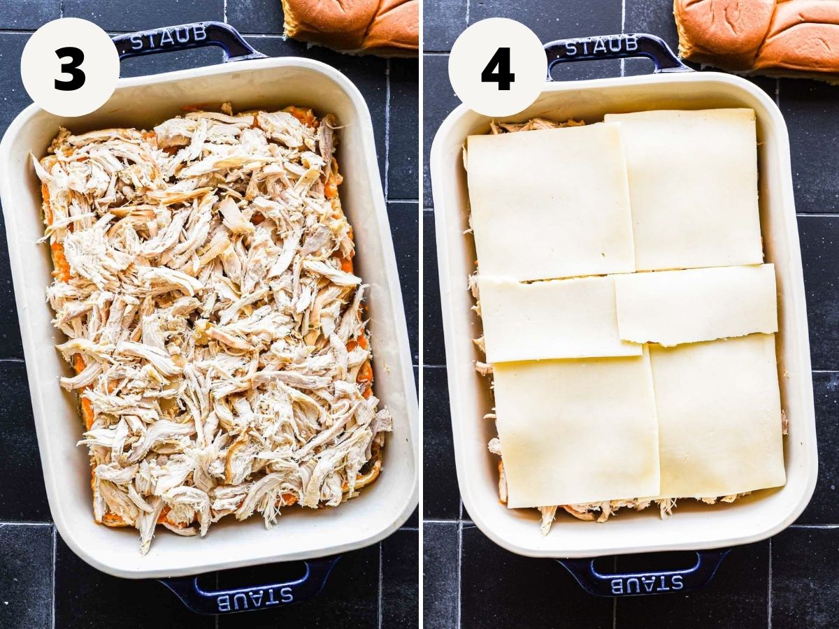 Adding shredded chicken and cheese.