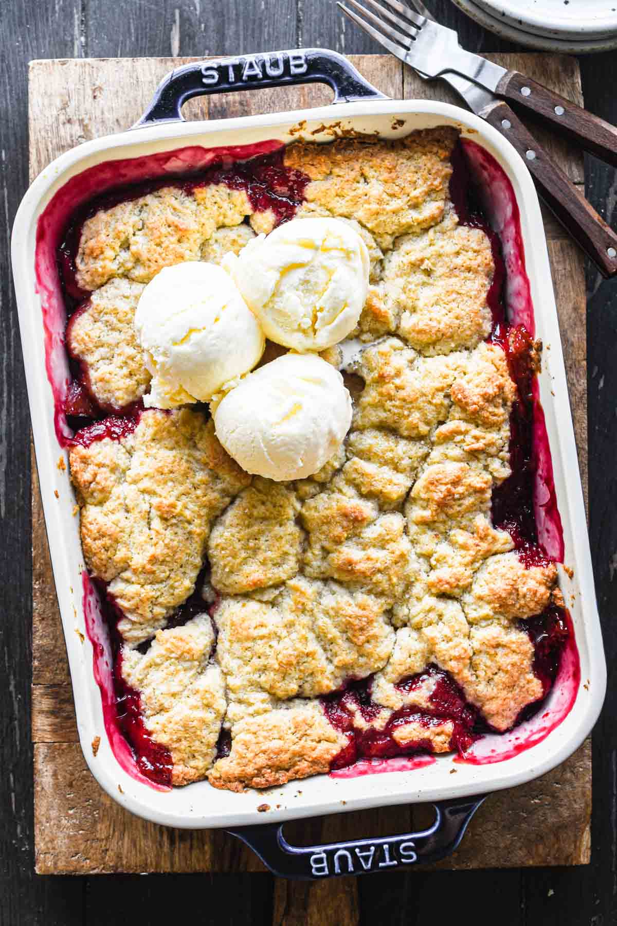 Overhead image of plum cobbler.